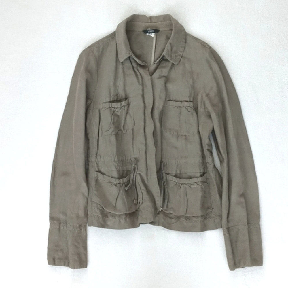 J. Crew Women's Army Green Silk & Linen Button Down Utility Cargo Jacket S